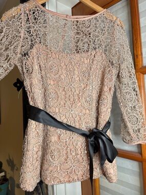 Adrianna Papell Blush Pink Lace Peplum Dress with Black Ribbon